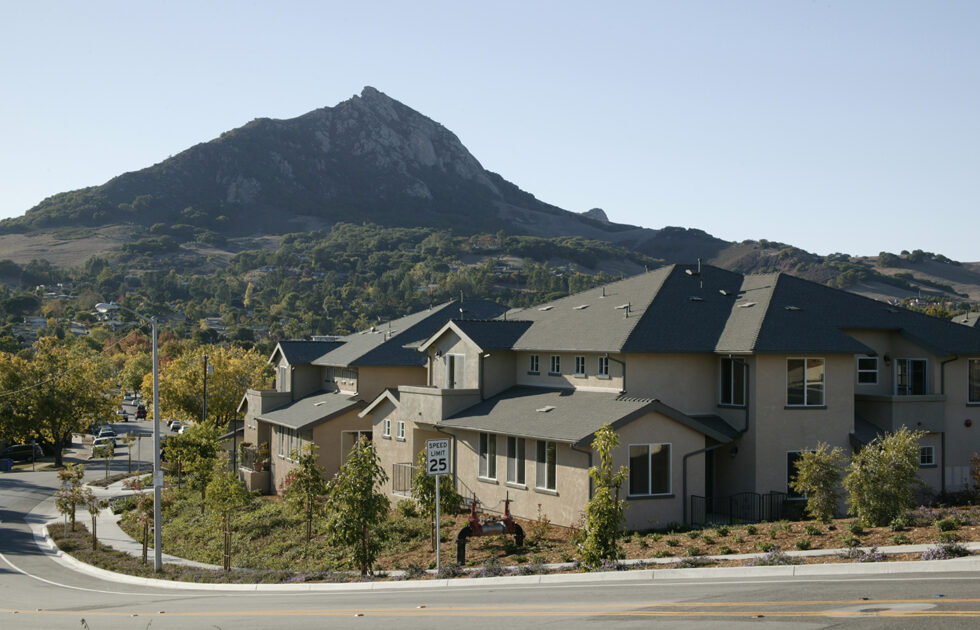 View of Bella Montana faculty and staff housing complex at Cal Poly with Bishop Peak in the background.