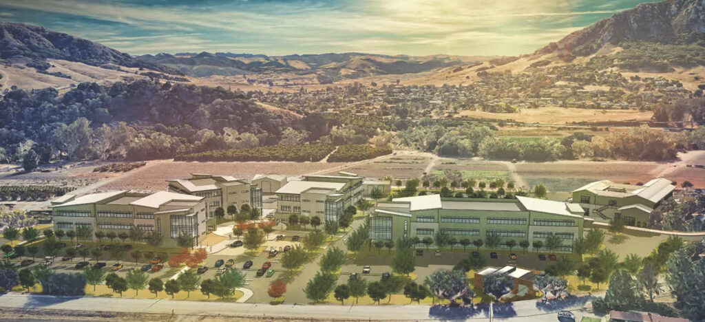Rendering of the future expansion of Cal Poly Technology Park, showing multiple modern buildings surrounded by trees and parking, with hills and farmland in the background.