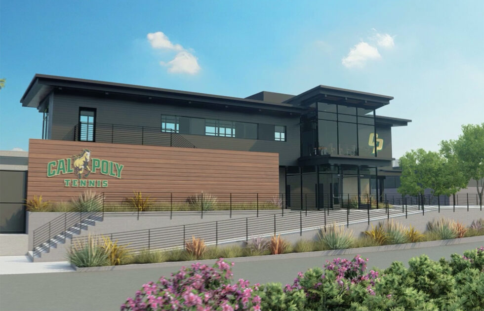 Architectural rendering of the Cal Poly Tennis Clubhouse featuring a sleek modern design with wood and glass accents