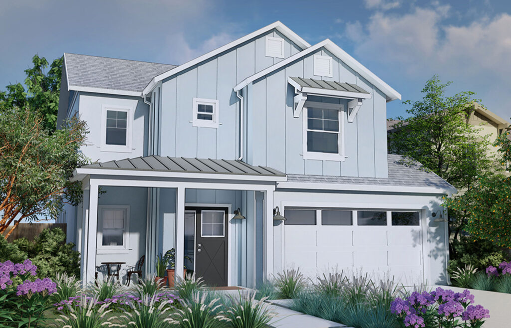 Rendering of a modern two-story house with front porch, white trim, and landscaped front yard