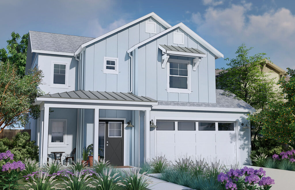 Architectural rendering of a two-story home at Vista Meadows with light blue siding, front porch, and landscaped yard