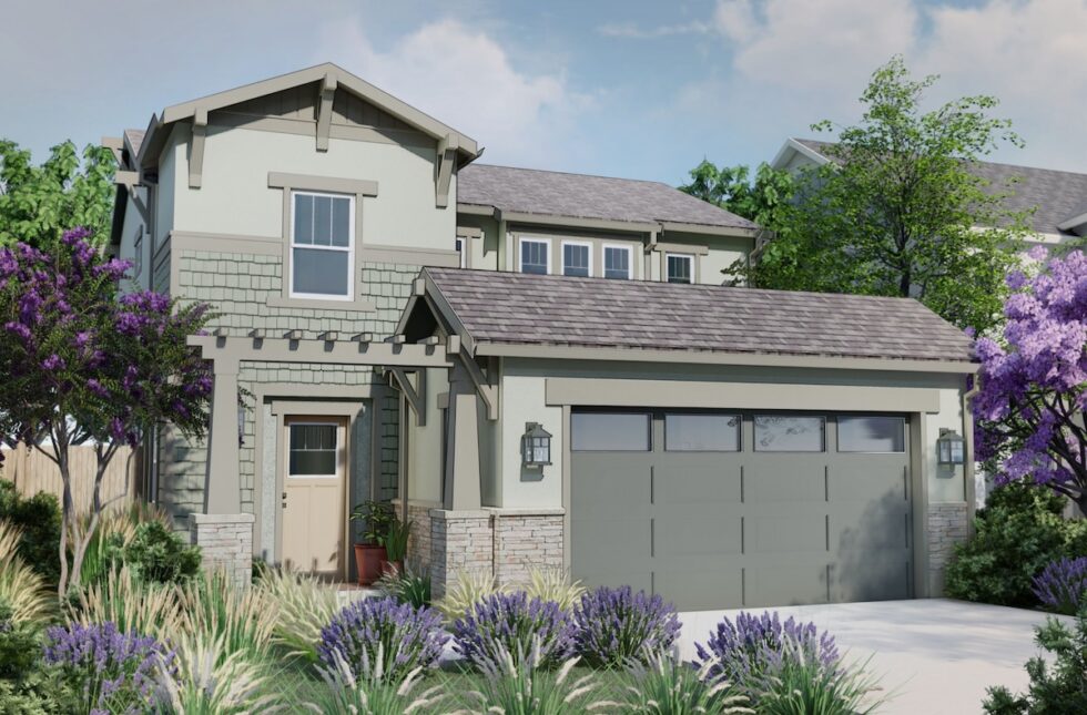 Rendering of a two-story home with green siding, stone accents, and purple flowering trees.