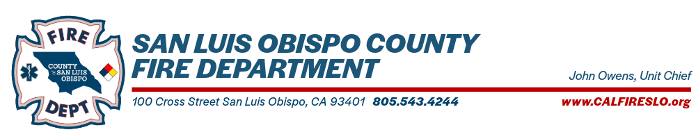 San Luis Obispo County Fire Department logo banner featuring the department’s badge, contact information, and website address www.CALFIRESLO.org