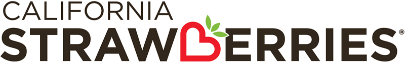 California Strawberries logo with “California” in thin uppercase letters above “Strawberries,” where the “W” forms a red heart with green leaves.